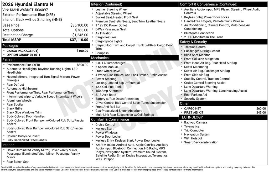 New 2026 Hyundai Elantra N Base w/ Cargo Package image 5