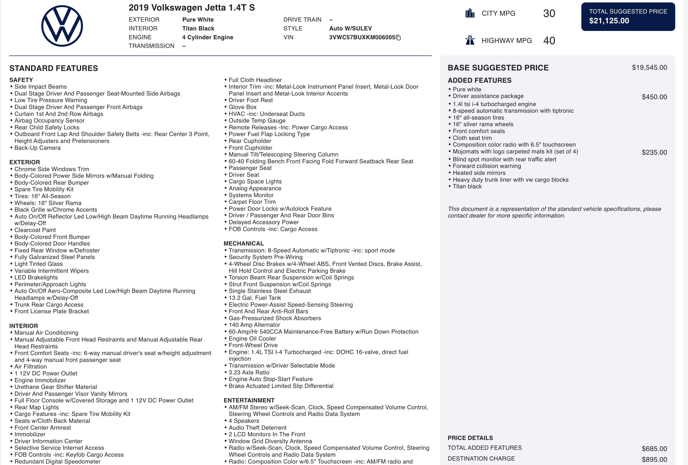 Used 2019 Volkswagen Jetta S w/ Driver Assistance Package image 5