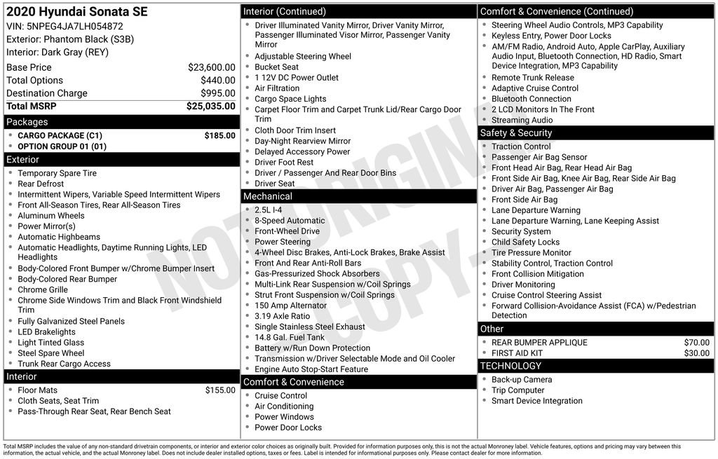 Used 2020 Hyundai Sonata SE w/ Cargo Package FWD image 3