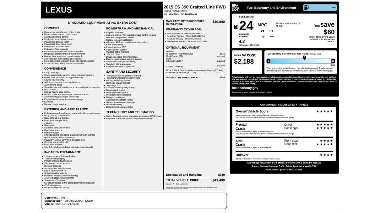 Used 2015 Lexus ES 350 image 30