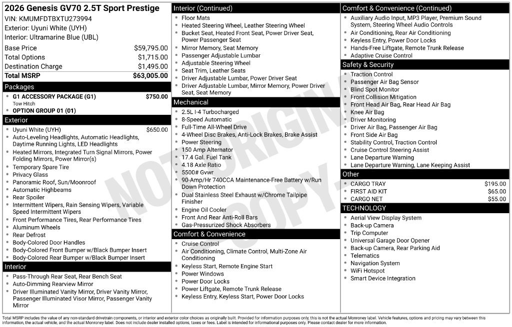 New 2026 Genesis GV70 2.5T Sport Prestige w/ G1 Accessory Package AWD/4WD image 14
