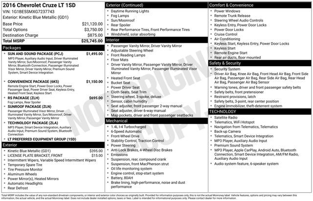 Used 2016 Chevrolet Cruze LT w/ Sun And Sound Package FWD image 44