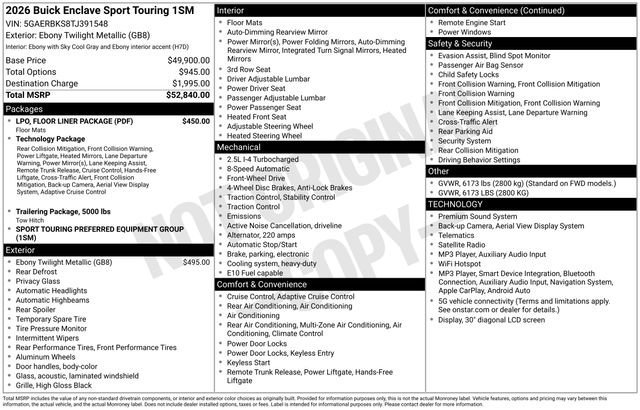 New 2026 Buick Enclave Sport Touring w/ LPO, Floor Liner Package FWD image 3