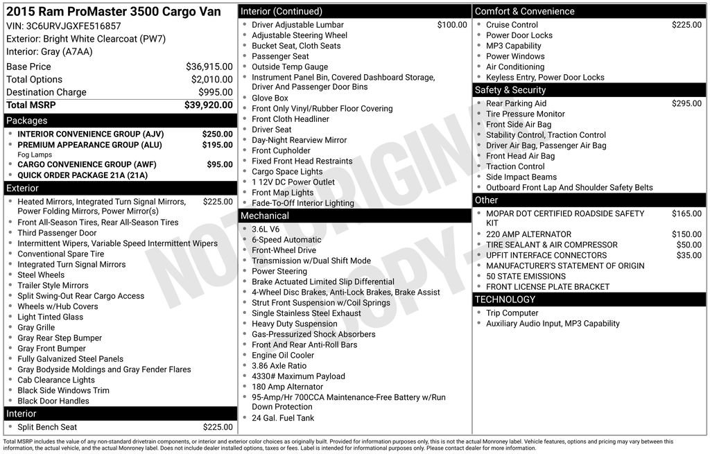 Used 2015 RAM ProMaster 3500 w/ Interior Convenience Group FWD image 12