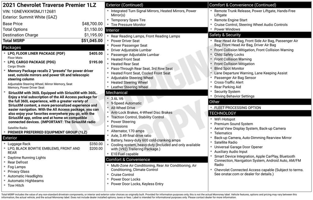 Used 2021 Chevrolet Traverse Premier w/ LPO, Floor Liner Package AWD/4WD image 6