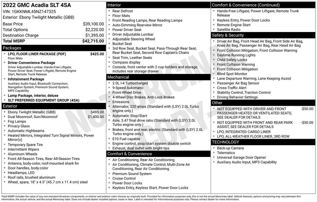 Used 2022 GMC Acadia SLT w/ LPO, Floor Liner Package image 2