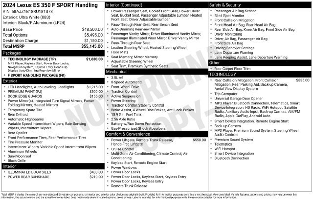 Used 2024 Lexus ES 350 F Sport w/ Technology Package FWD image 44