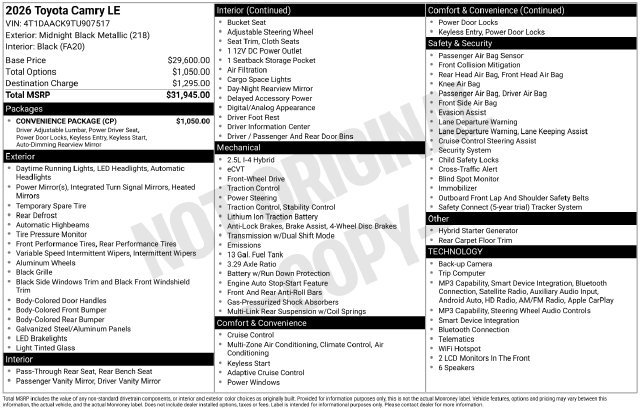 New 2026 Toyota Camry LE w/ Convenience Package FWD image 4
