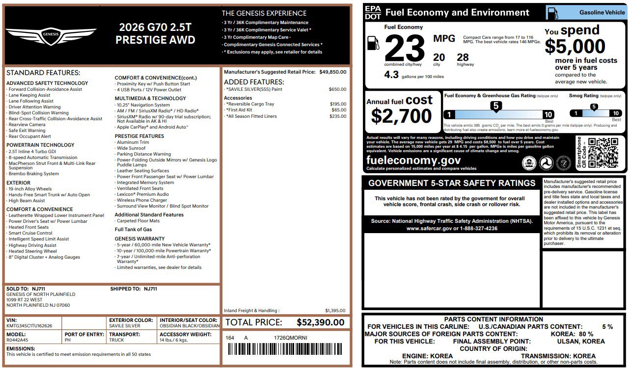 Used 2026 Genesis G70 2.5T Prestige image 2