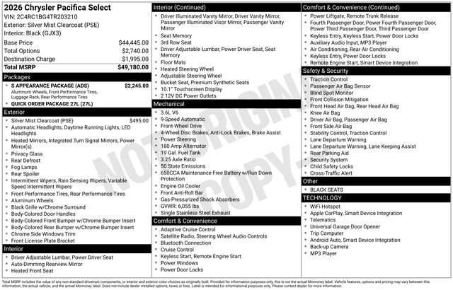 New 2026 Chrysler Pacifica Select w/ S Appearance Package FWD image 6