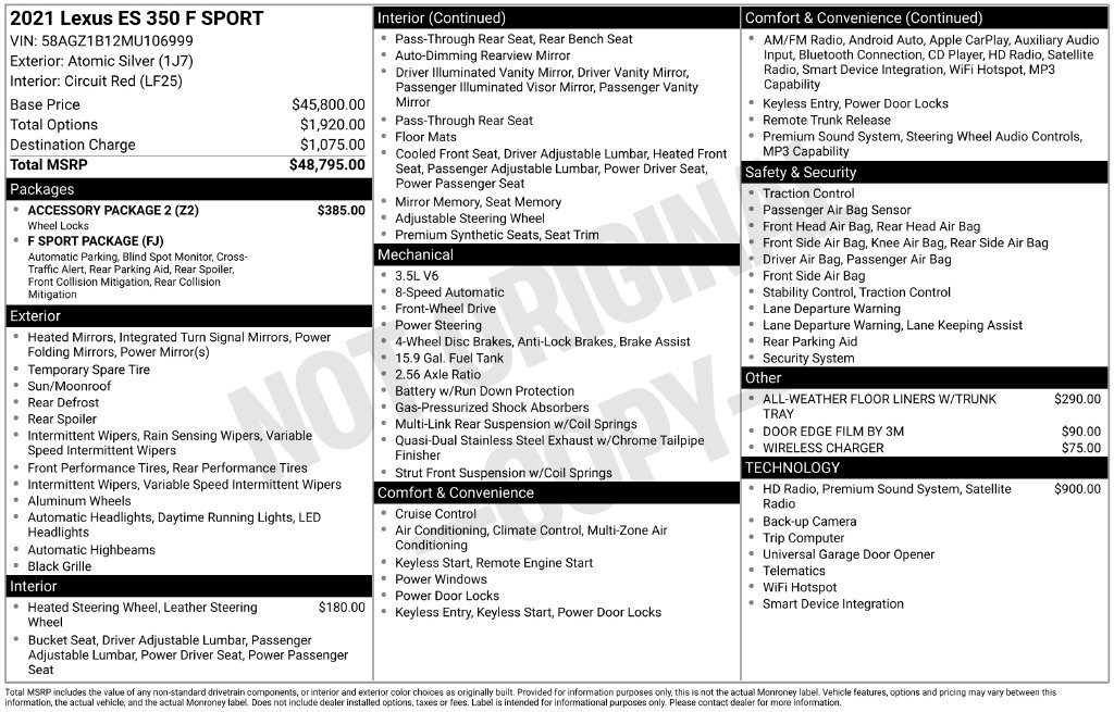 Used 2021 Lexus ES 350 F Sport w/ Accessory Package 2 FWD image 35