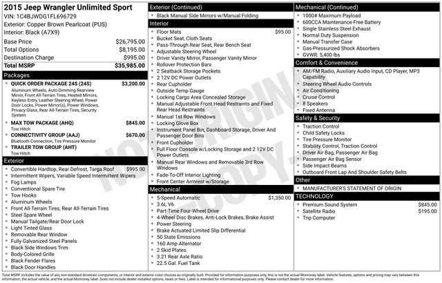 Used 2015 Jeep Wrangler Unlimited Sport w/ Quick Order Package 24S AWD/4WD image 15