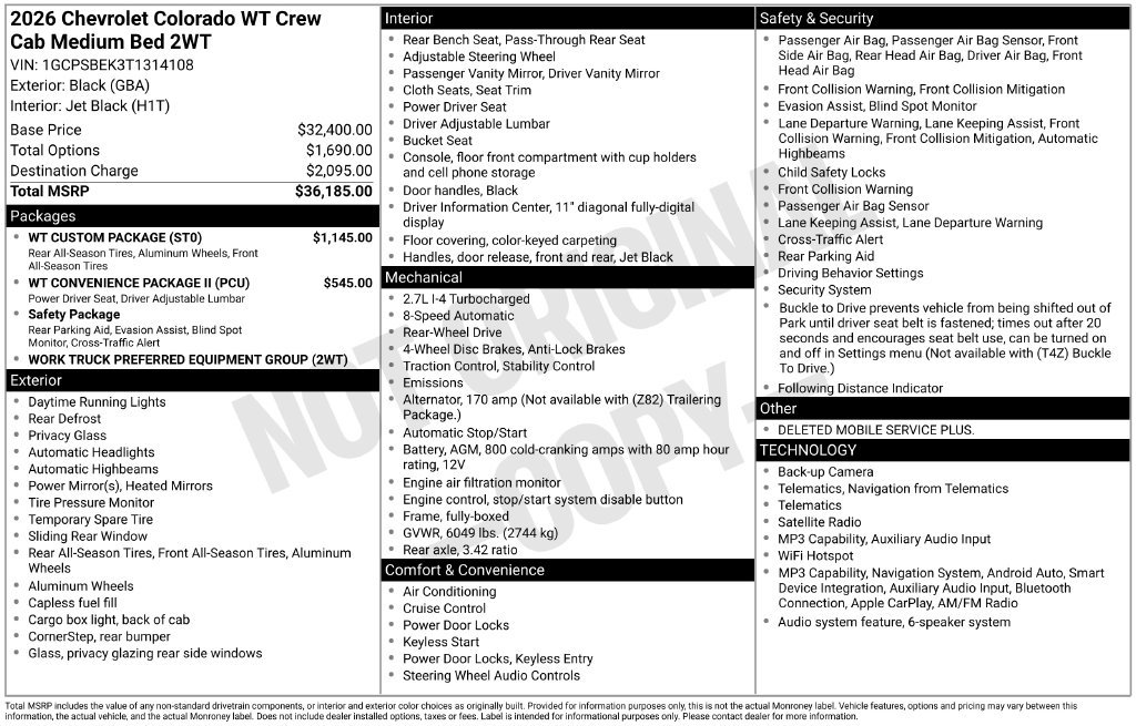 New 2026 Chevrolet Colorado W/T w/ WT Custom Package RWD image 8