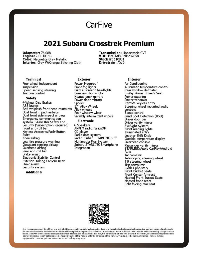 Used 2021 Subaru Crosstrek 2.0i Premium w/ Moonroof Package AWD/4WD image 29