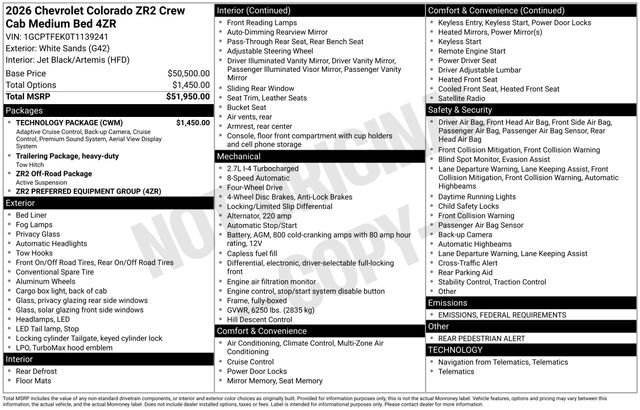 New 2026 Chevrolet Colorado ZR2 w/ Technology Package image 69