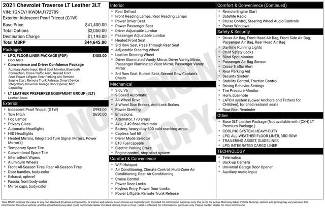 Certified 2021 Chevrolet Traverse LT w/ LPO, Floor Liner Package AWD/4WD image 4