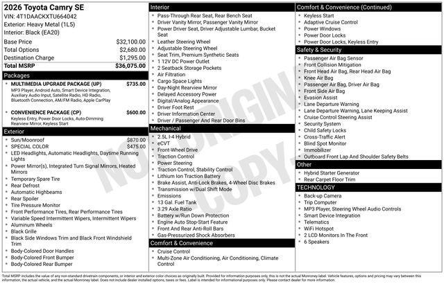 Used 2026 Toyota Camry SE w/ Multimedia Upgrade Package FWD image 8