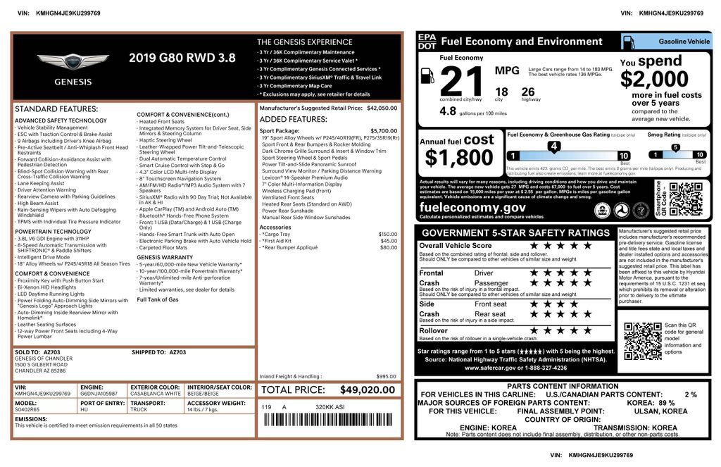 Used 2019 Genesis G80 3.8 w/ Sport Package 02 image 5