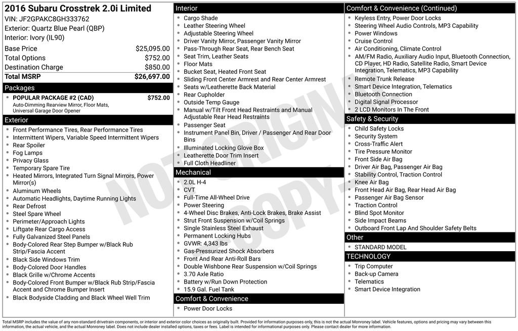 Used 2016 Subaru Crosstrek 2.0i Limited w/ Popular Package #2 image 20