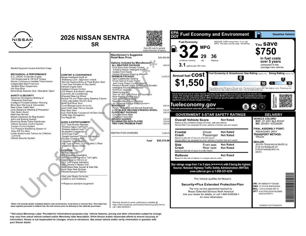 New 2026 Nissan Sentra SR w/ SR Premium Package FWD image 2