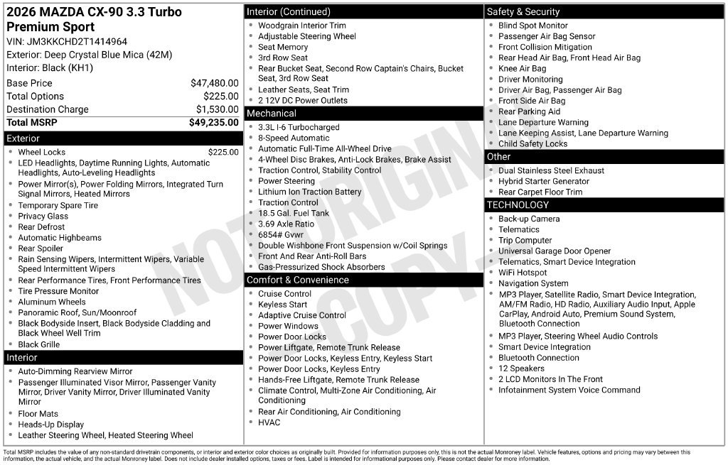 New 2026 MAZDA CX-90 3.3 Turbo w/ Premium Sport Pkg AWD/4WD image 7