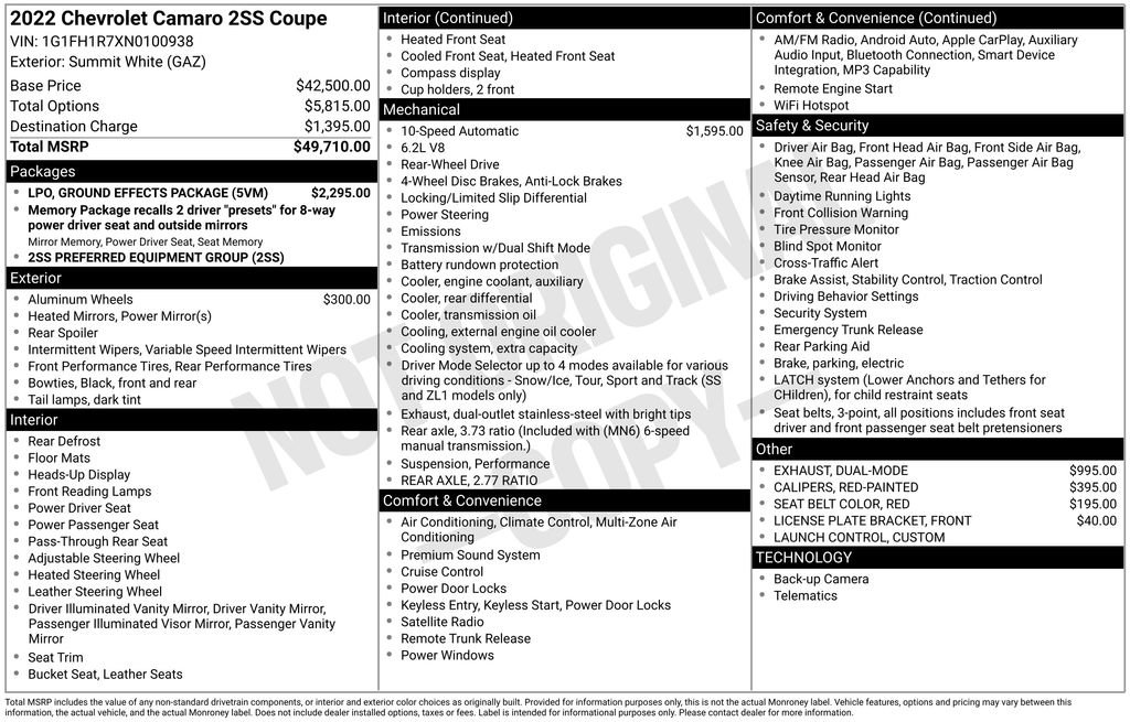 Used 2022 Chevrolet Camaro SS w/ LPO, Ground Effects Package RWD image 7
