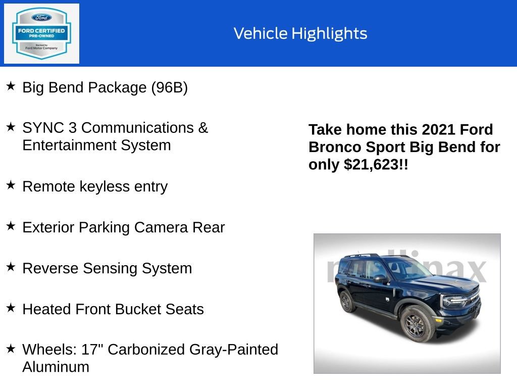 Certified 2021 Ford Bronco Sport Big Bend w/ Big Bend Package (96B) image 18