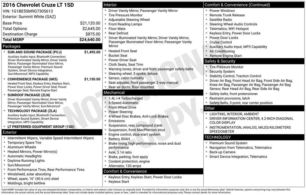 Used 2016 Chevrolet Cruze LT w/ Sun And Sound Package FWD image 11
