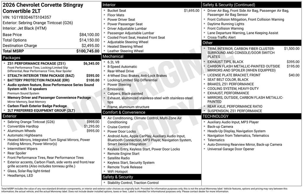 New 2026 Chevrolet Corvette Stingray Preferred Conv w/ Z51 Performance Package image 2