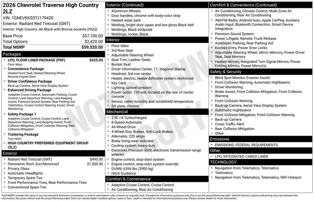 New 2026 Chevrolet Traverse High Country w/ LPO, Floor Liner Package image 8