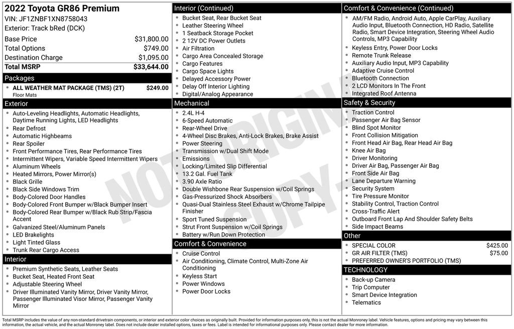 Used 2022 Toyota GR86 Premium w/ ALL Weather Mat Package (TMS) RWD image 17