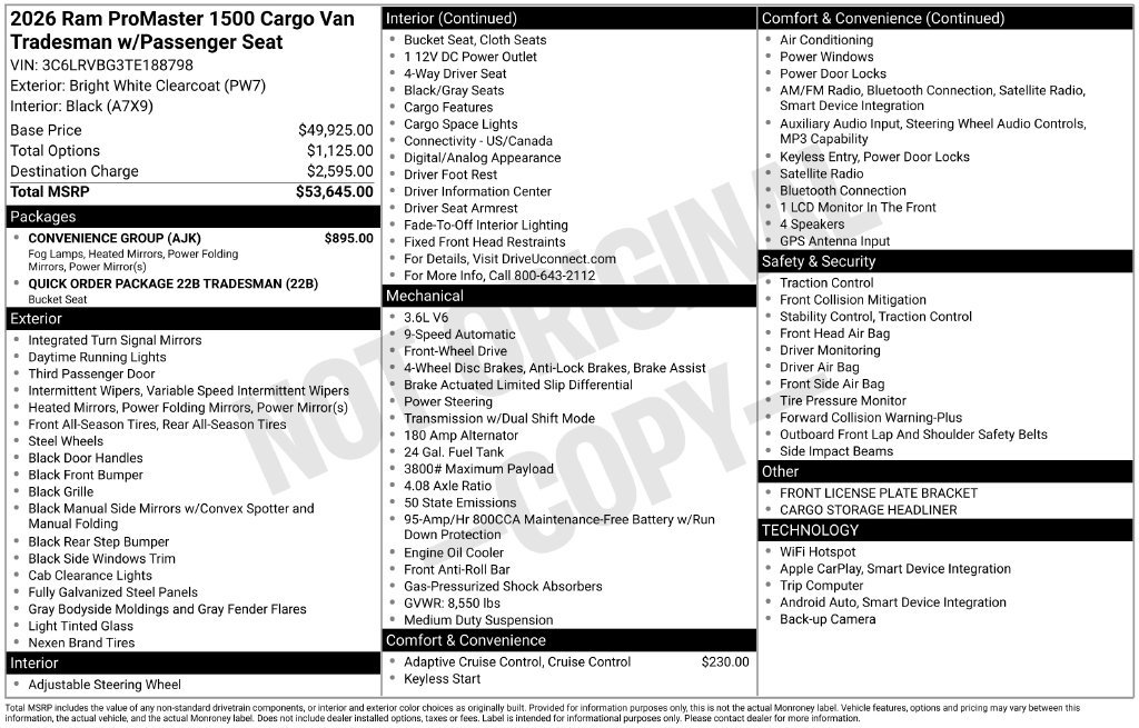 New 2026 RAM ProMaster 1500 w/ Convenience Group FWD image 21