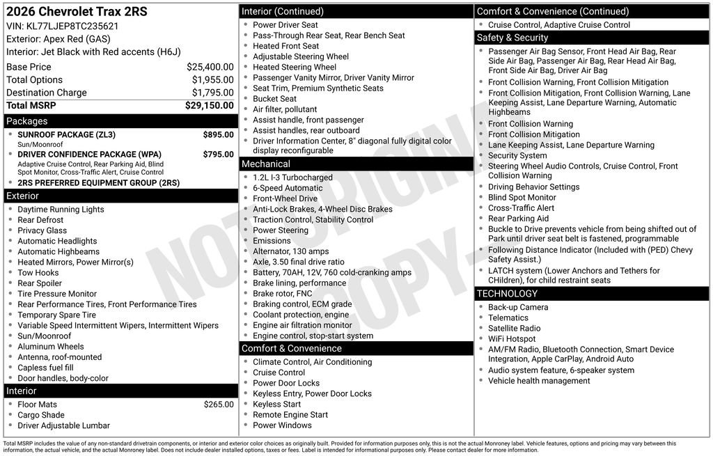 New 2026 Chevrolet Trax RS w/ Sunroof Package