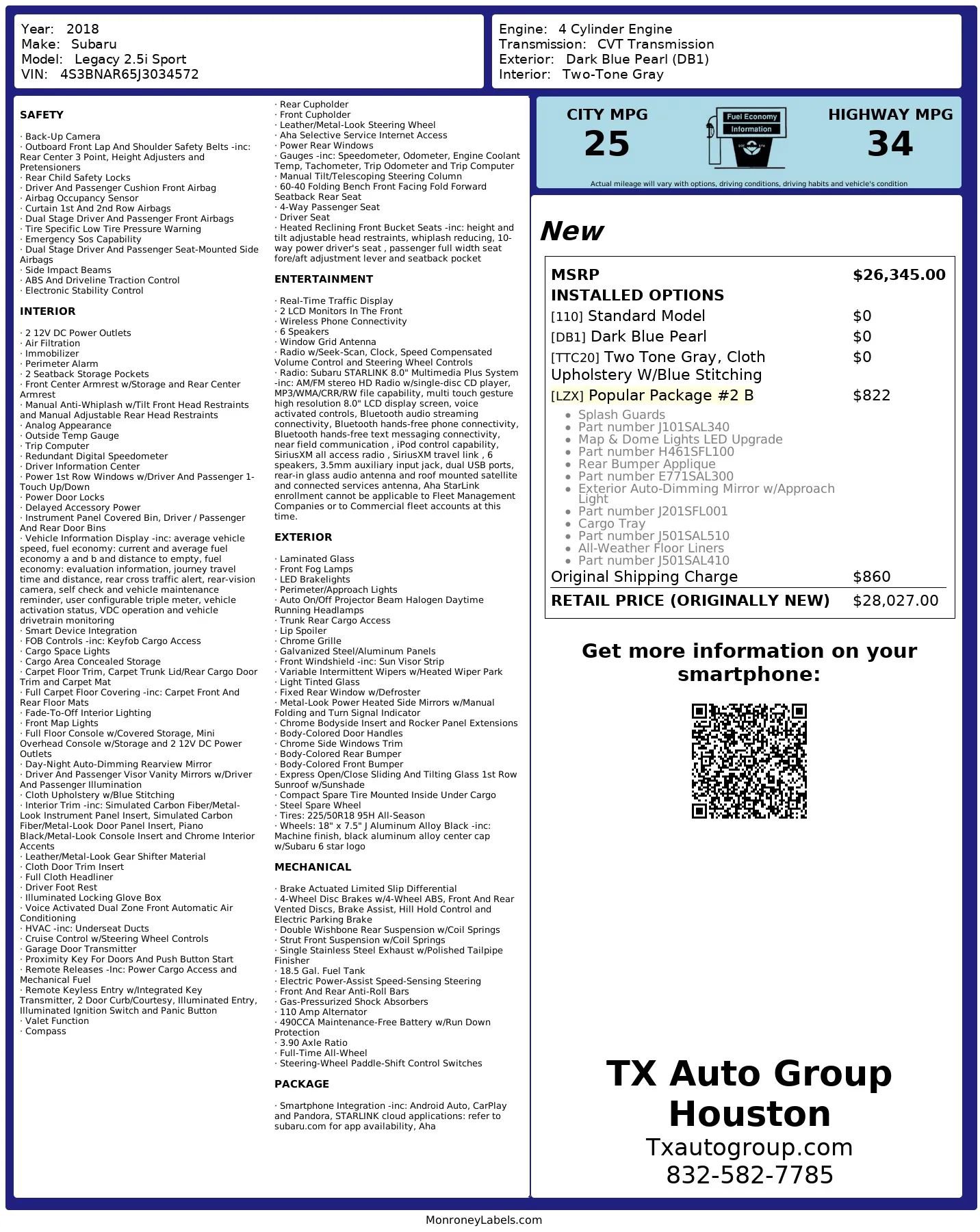 Used 2018 Subaru Legacy 2.5i Sport w/ Popular Package #2B image 3