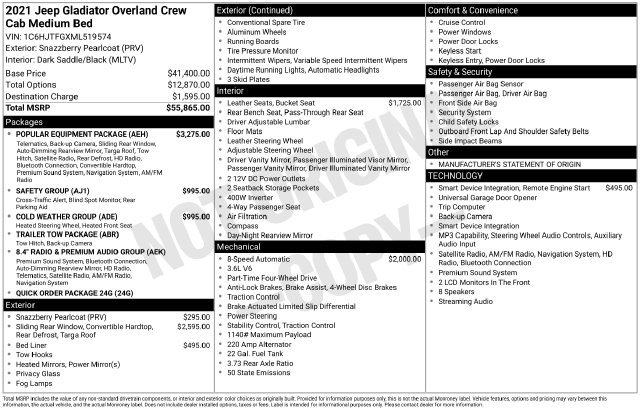 Certified 2021 Jeep Gladiator Overland w/ Popular Equipment Package AWD/4WD image 43