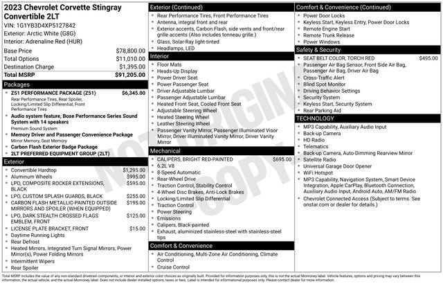 Certified 2023 Chevrolet Corvette Stingray Preferred Conv w/ Z51 Performance Package RWD image 26