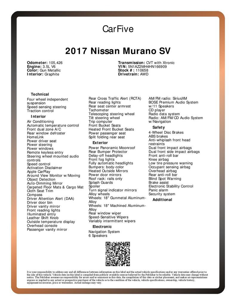 Used 2017 Nissan Murano SV w/ Premium Plus Package AWD/4WD image 28