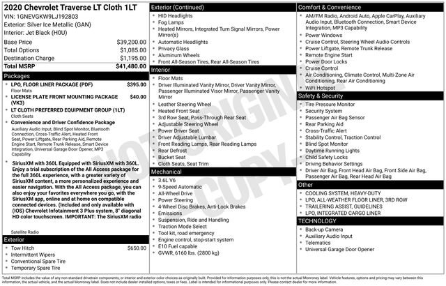 Used 2020 Chevrolet Traverse LT w/ LPO, Floor Liner Package image 30