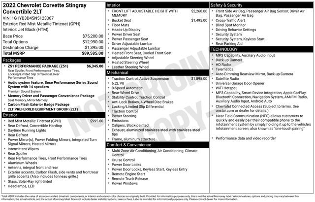 Certified 2022 Chevrolet Corvette Stingray Preferred Conv w/ Z51 Performance Package RWD image 32