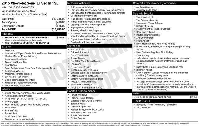 Used 2015 Chevrolet Sonic LT w/ Wheels and Fog Lamp Package FWD image 4