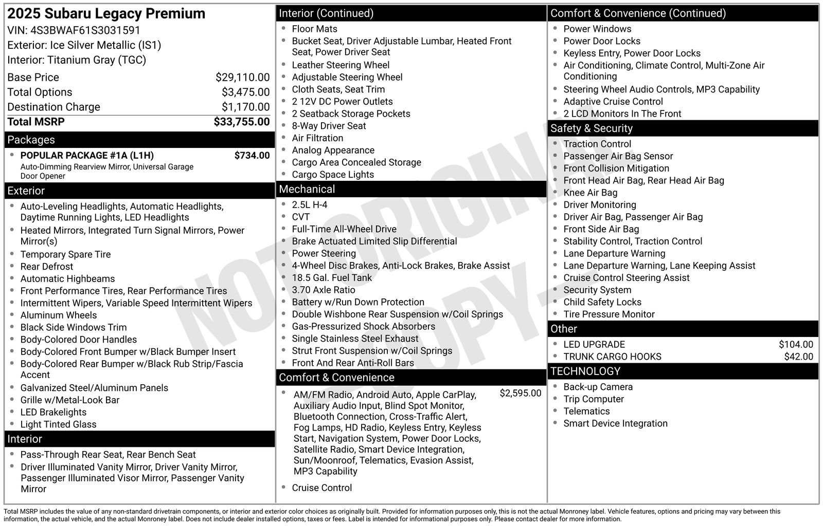New 2025 Subaru Legacy Premium w/ Popular Package #1A image 4