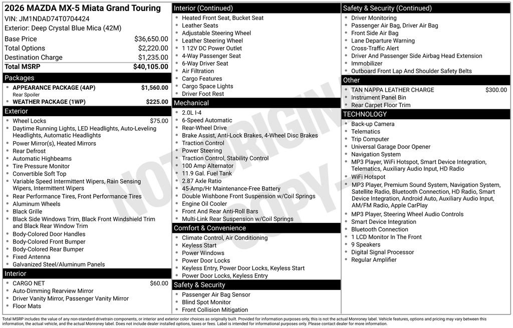 New 2026 MAZDA MX-5 Miata Grand Touring w/ Appearance Package RWD image 4