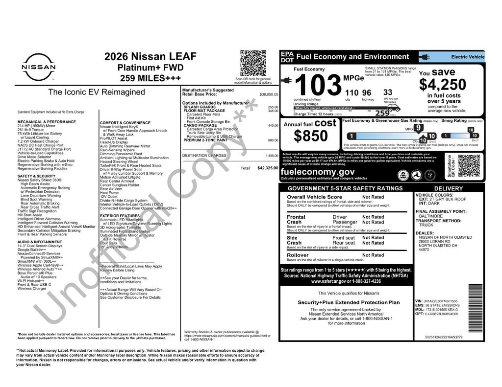 New 2026 Nissan Leaf Platinum+ w/ Cargo Package (Platinum+) image 2