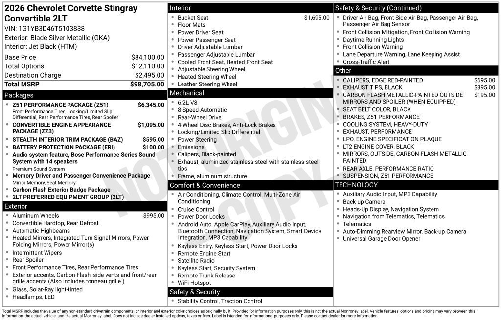 New 2026 Chevrolet Corvette Stingray Preferred Conv w/ Z51 Performance Package RWD image 11