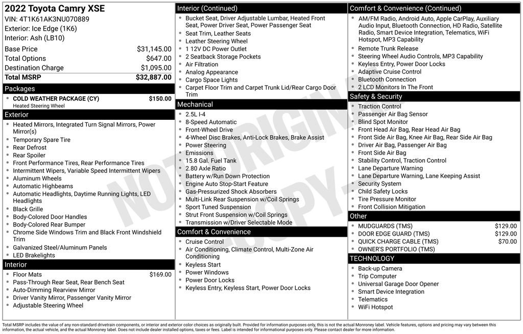 Used 2022 Toyota Camry XSE w/ Cold Weather Package FWD image 23