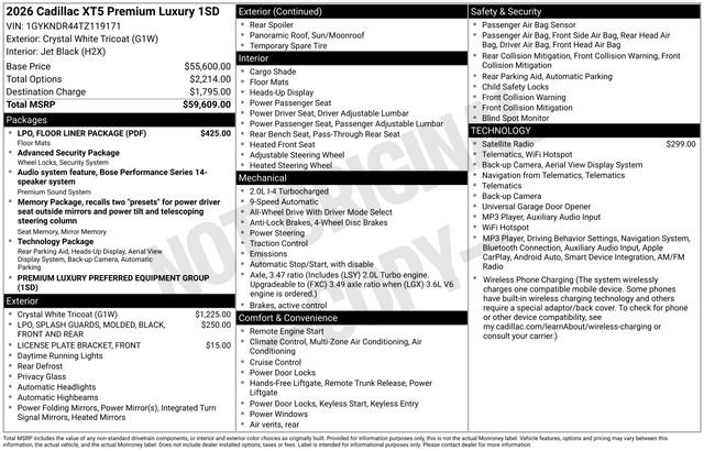 New 2026 Cadillac XT5 Premium Luxury w/ LPO, Floor Liner Package AWD/4WD image 2
