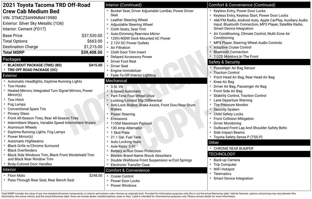 Used 2021 Toyota Tacoma TRD Off-Road w/ Blackout Package (TMS) image 41