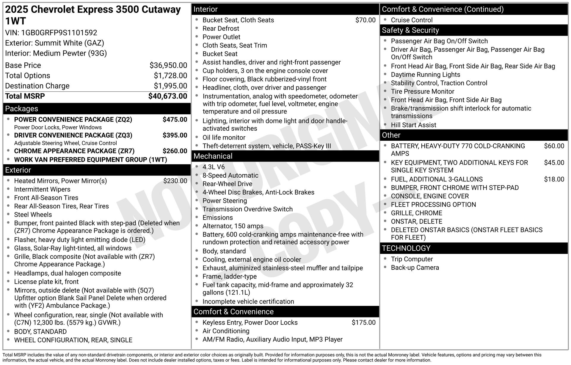 New 2025 Chevrolet Express 3500 w/ Power Convenience Package RWD image 3
