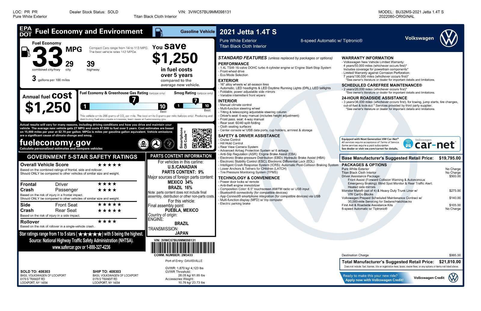 Certified 2021 Volkswagen Jetta S w/ Driver Assistance Package image 40