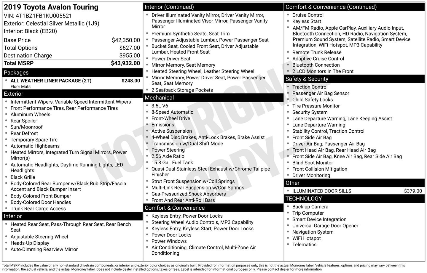 Certified 2019 Toyota Avalon Touring w/ All Weather Liner Package FWD image 27